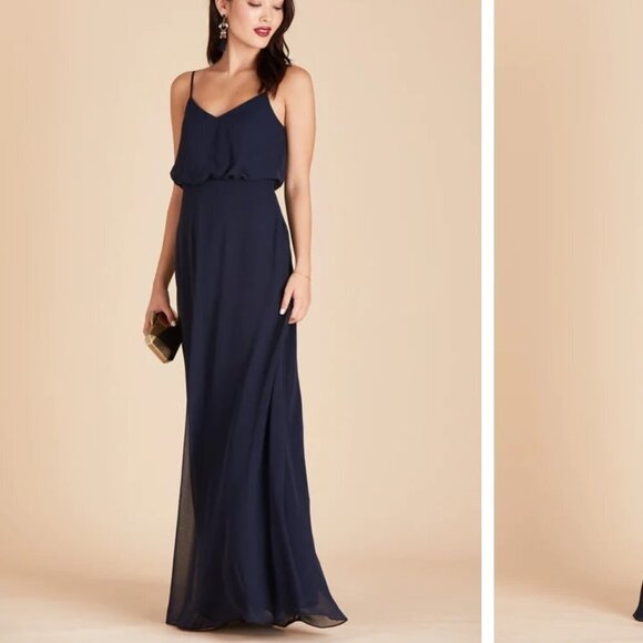 𝅺Birdy Grey Gwennie Navy Chiffon Blouson Spaghetti Strap Maxi Dress Size XS - Picture 3 of 14